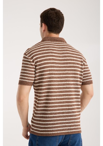 Erkek Polo Yaka Kahverengi Beyaz Çizgili Kısa Kollu Triko Tişört fırsatları