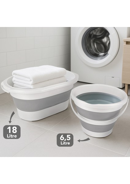 2'li Katlanır Banyo Seti - Katlanabilir Silikon 18 Lt Çamaşır Sepeti Akordiyon Su Kovası