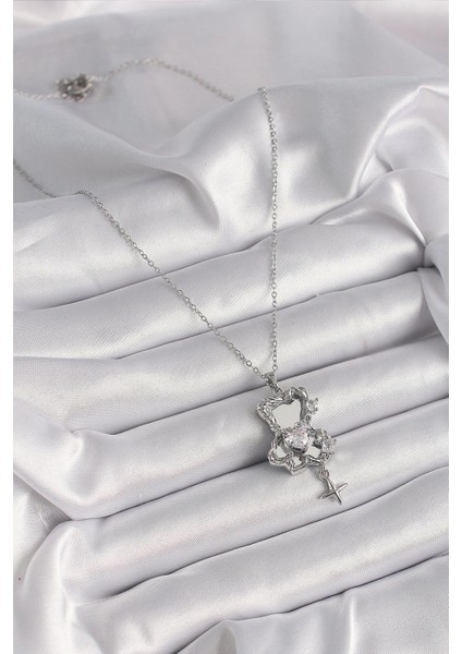 Bfs 316L Çelik Gümüş Renk Ayna Ayıcık Model Zirkon Taşlı Kalp Detay Kadın Kolye fiyatları