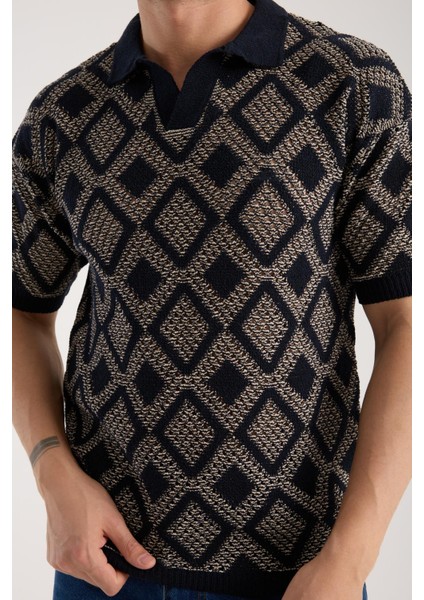 Erkek Polo Yaka Geometrik Desenli Kısa Kollu Triko Tişört - Lacivert Bej