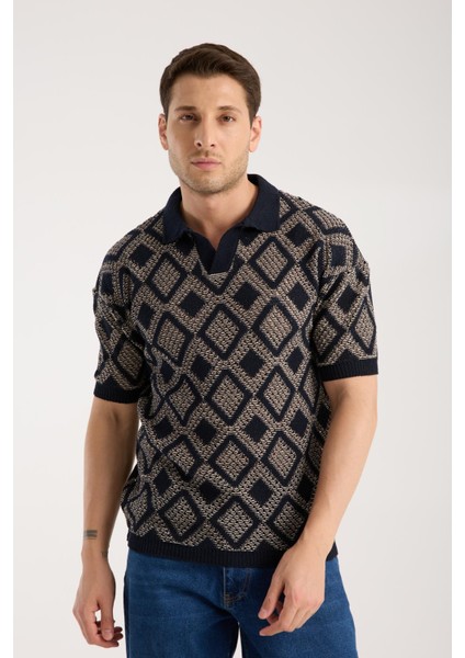 Erkek Polo Yaka Geometrik Desenli Kısa Kollu Triko Tişört - Lacivert Bej fiyatları