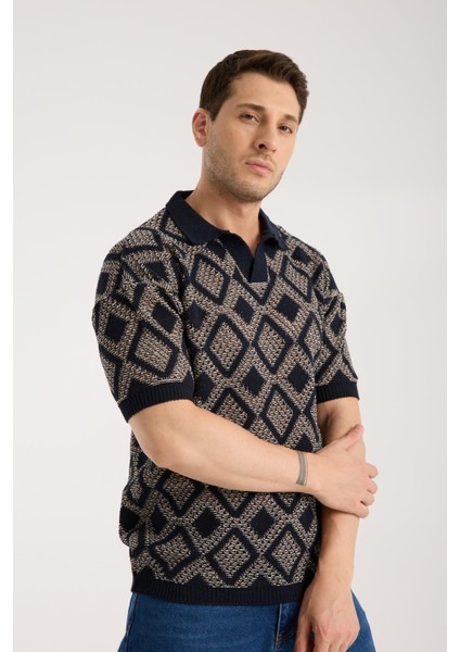 Erkek Polo Yaka Geometrik Desenli Kısa Kollu Triko Tişört - Lacivert Bej modelleri