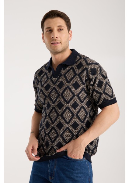 Erkek Polo Yaka Geometrik Desenli Kısa Kollu Triko Tişört - Lacivert Bej fırsatları