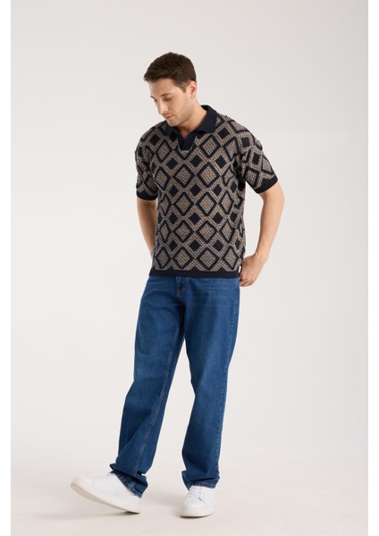 Erkek Polo Yaka Geometrik Desenli Kısa Kollu Triko Tişört - Lacivert Bej indirimleri