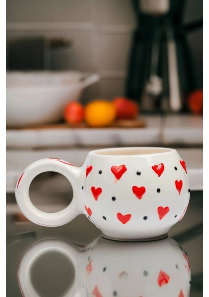 El Yapımı Seramik Kırmızı Kalpli Ece Kupa, Seramik Fincan, Double Türk Kahvesi, Nescafe Fincanı