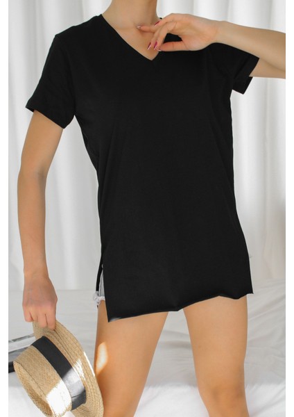 Kadın V Yaka Kısa Kol Yırtmaçlı Salaş Tshirt BLZ1083 fiyatları