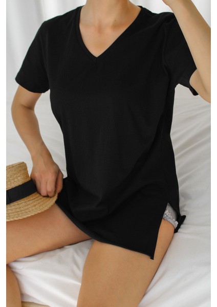 Kadın V Yaka Kısa Kol Yırtmaçlı Salaş Tshirt BLZ1083 fırsatları