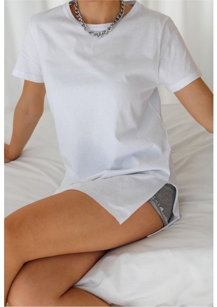 Kadın Bisiklet Yaka Kısa Kol Yırtmaçlı Salaş Tshirt BLZ1082 fırsatları