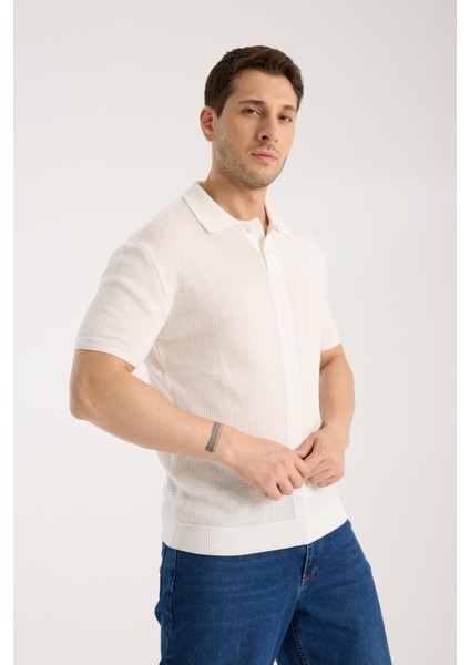 Erkek Polo Yaka Düz Dokulu Beyaz Kısa Kollu Triko Tişört modelleri