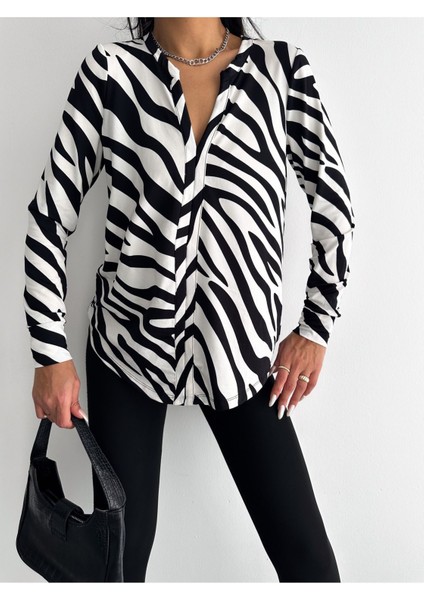 Kadın Uzun Kollu Desenli V Yaka Salaş Bluz AYD003