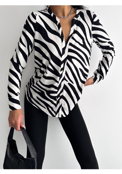 Kadın Uzun Kollu Desenli V Yaka Salaş Bluz AYD003 fiyatları