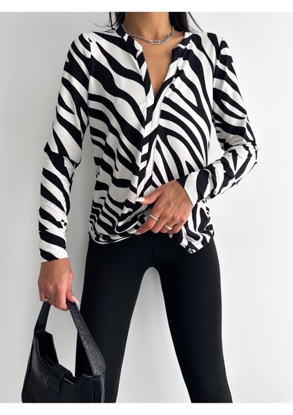 Kadın Uzun Kollu Desenli V Yaka Salaş Bluz AYD003 modelleri
