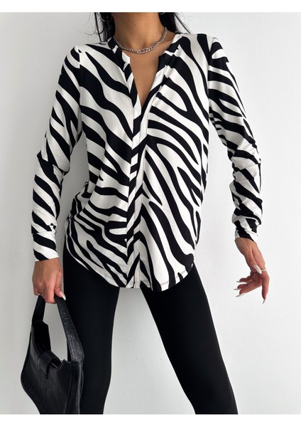 Kadın Uzun Kollu Desenli V Yaka Salaş Bluz AYD003 fırsatları