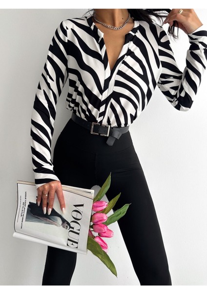 Kadın Uzun Kollu Desenli V Yaka Salaş Bluz AYD003 indirimleri