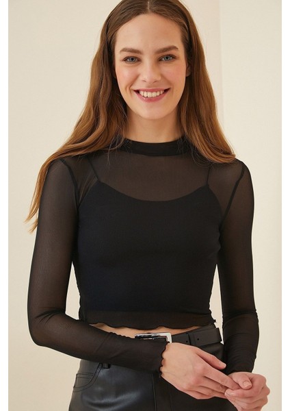 Kadın Siyah Transparan Crop Tül Bluz