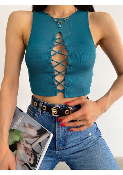 Kadın Yeşil Bisiklet Yaka Göğüs Dekolteli Kaşkorse Crop Bluz BLZ4421