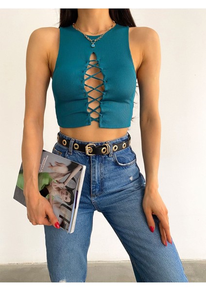 Kadın Yeşil Bisiklet Yaka Göğüs Dekolteli Kaşkorse Crop Bluz BLZ4421 fiyatları