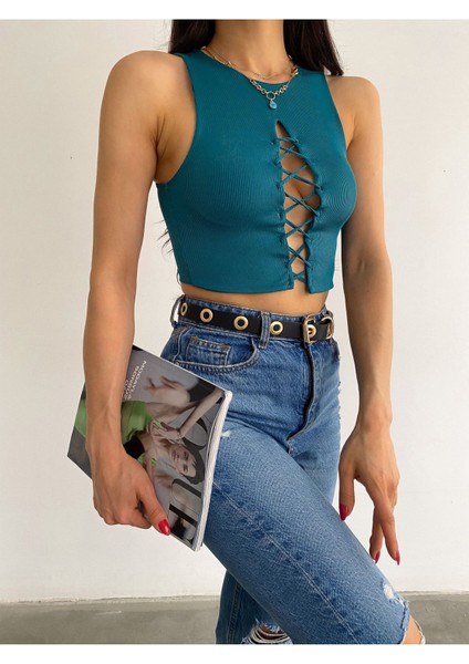Kadın Yeşil Bisiklet Yaka Göğüs Dekolteli Kaşkorse Crop Bluz BLZ4421