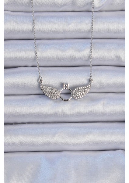 Bfs 316L Çelik Zincir Gümüş Renk Kanatlı Tektaş Kolye