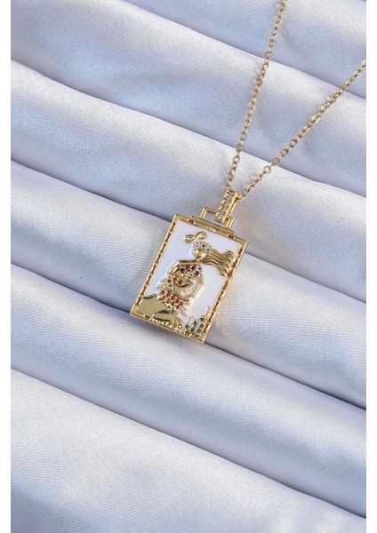 Bfs 316L Çelik Zincir Altın Renk Beyaz Mineli Tarot Kolye