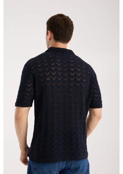 Erkek Polo Yaka Lacivert Zigzag Desenli Kısa Kollu Triko Tişört indirimleri