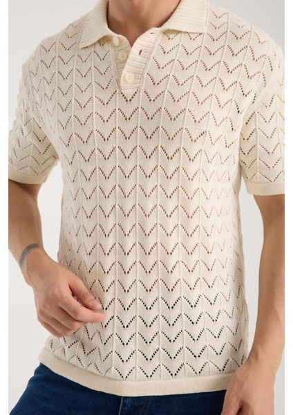 Erkek Polo Yaka Krem Zigzag Desenli Kısa Kollu Triko Tişört