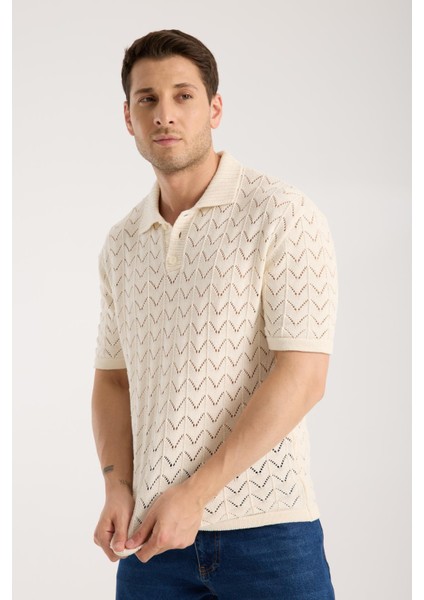 Erkek Polo Yaka Krem Zigzag Desenli Kısa Kollu Triko Tişört fiyatları