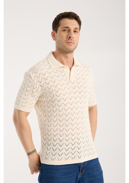 Erkek Polo Yaka Krem Zigzag Desenli Kısa Kollu Triko Tişört modelleri