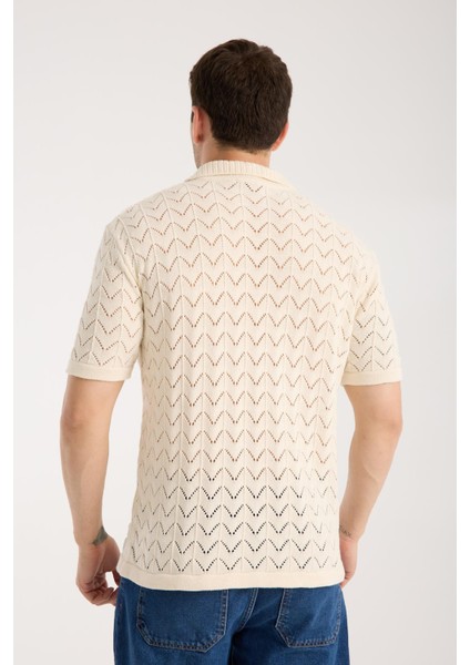 Erkek Polo Yaka Krem Zigzag Desenli Kısa Kollu Triko Tişört indirimleri