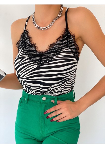 Kadın Ekru Siyah Zebra Desenli Dantelli Atlet BLZ1004 fırsatları