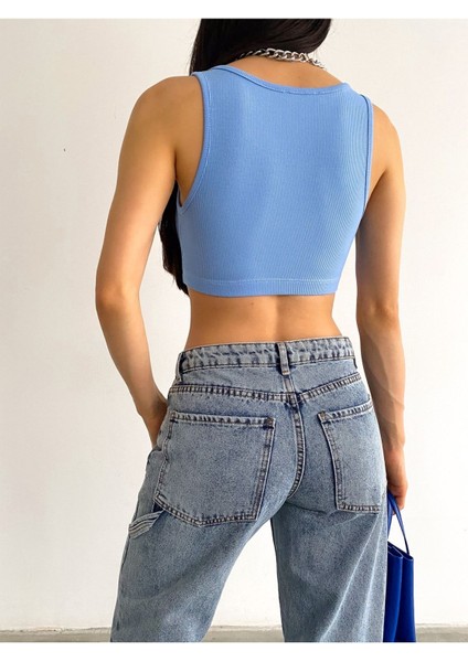 Kadın Mavi V Yaka Kalın Askılı Yaka Detaylı Altı Lastikli Kaşkorse Crop Bluz BLZ8832 fırsatları