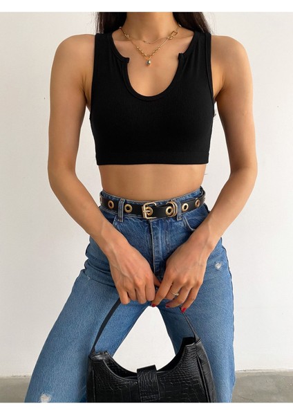 Kadın Siyah V Yaka Kalın Askılı Yaka Detaylı Altı Lastikli Kaşkorse Crop Bluz BLZ8832