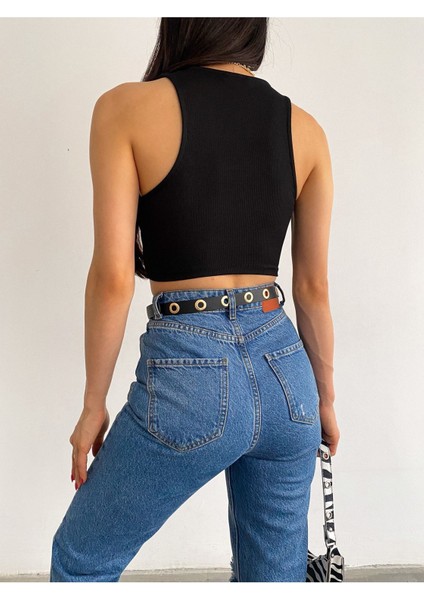 Kadın Siyah V Yaka Kalın Askılı Yaka Detaylı Altı Lastikli Kaşkorse Crop Bluz BLZ8832 fiyatları