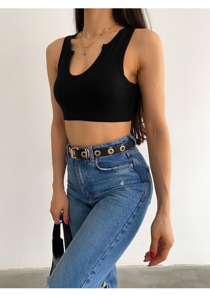 Kadın Siyah V Yaka Kalın Askılı Yaka Detaylı Altı Lastikli Kaşkorse Crop Bluz BLZ8832 modelleri