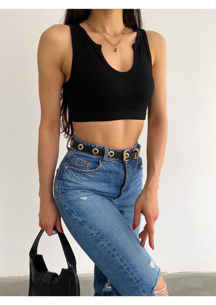 Kadın Siyah V Yaka Kalın Askılı Yaka Detaylı Altı Lastikli Kaşkorse Crop Bluz BLZ8832 indirimleri