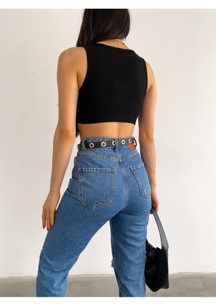 Kadın Siyah V Yaka Kalın Askılı Yaka Detaylı Altı Lastikli Kaşkorse Crop Bluz BLZ8832