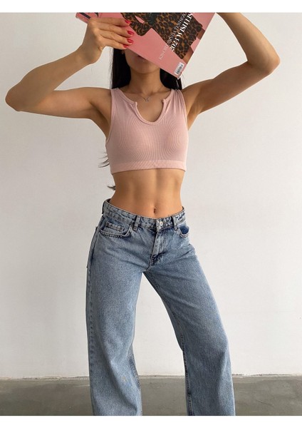 Kadın Pudra V Yaka Kalın Askılı Yaka Detaylı Altı Lastikli Kaşkorse Crop Bluz BLZ8832 fırsatları