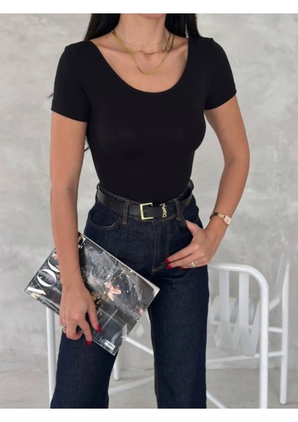 Kadın Ön Arka U Yaka Sırt Dekolteli Kısa Kollu Soft Touch Premium Doku Basic Düz Bluz ML4407-2