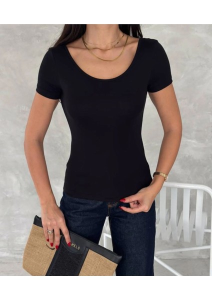 Kadın Ön Arka U Yaka Sırt Dekolteli Kısa Kollu Soft Touch Premium Doku Basic Düz Bluz ML4407-2 fiyatları