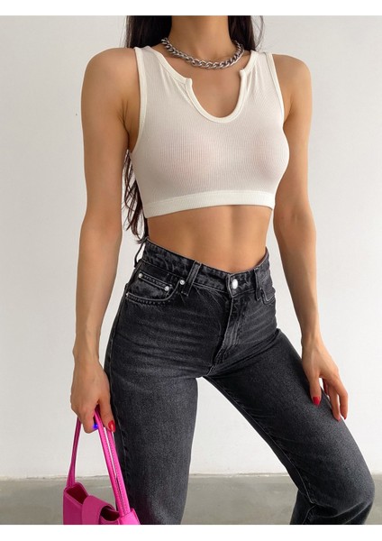 Kadın Ekru V Yaka Kalın Askılı Yaka Detaylı Altı Lastikli Kaşkorse Crop Bluz BLZ8832 fiyatları