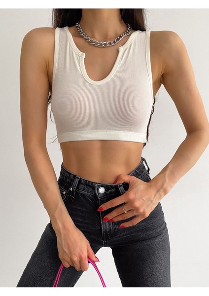 Kadın Ekru V Yaka Kalın Askılı Yaka Detaylı Altı Lastikli Kaşkorse Crop Bluz BLZ8832 modelleri