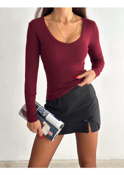 Kadın V Yaka Parmak Geçmeli Uzun Kollu Düz Basic Body Bluz MNN1008-1