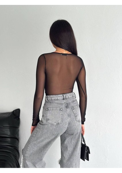 Kadın Kare Yaka Desenli Kolları ve Arkası Transparan Crop Tül Bluz N1701 fiyatları