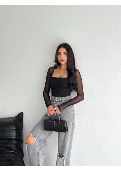 Kadın Kare Yaka Desenli Kolları ve Arkası Transparan Crop Tül Bluz N1701 modelleri