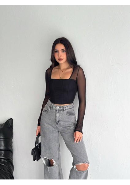 Kadın Kare Yaka Desenli Kolları ve Arkası Transparan Crop Tül Bluz N1701 fırsatları