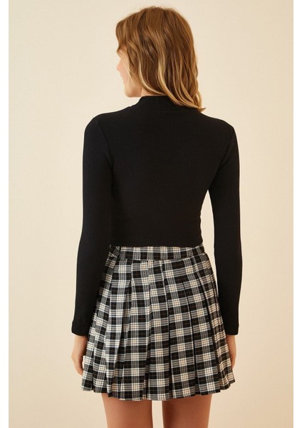 Kadın Siyah Uzun Kollu Yarım Balıkçı Yaka Kaşkorse Bel Üstü Crop Bluz SH3000 modelleri