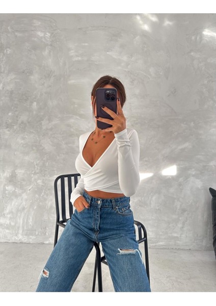 Kadın Uzun Kollu Kruvaze Yaka Dekolteli Crop Bluz BLZ3459 fiyatları