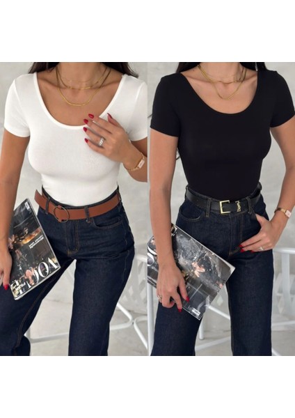 Kadın Ön Arka U Yaka Sırt Dekolteli Kısa Kollu Soft Touch Premium Doku Basic Düz Bluz ML4407-2