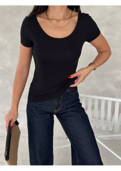 Kadın Ön Arka U Yaka Sırt Dekolteli Kısa Kollu Soft Touch Premium Doku Basic Düz Bluz ML4407-2 fiyatları