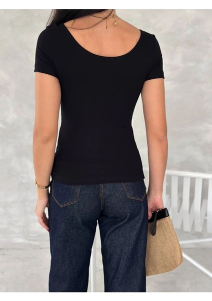 Kadın Ön Arka U Yaka Sırt Dekolteli Kısa Kollu Soft Touch Premium Doku Basic Düz Bluz ML4407-2 modelleri